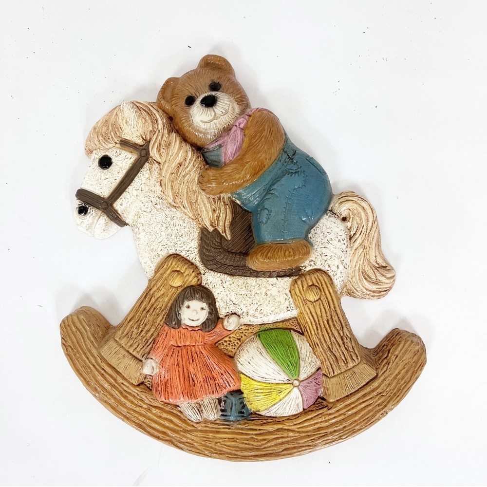 Vintage 1986 Teddy Bear Rocking Horse Frankie’s Design Baby Room Wall Plaque